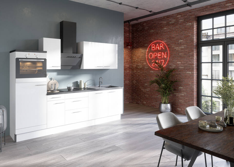 OPTIFIT Küchenzeile mit Geräten in Weiß Glanz & Beton dunkel: 270 cm, flexibel stellbar | Singleküche "OFK27688-6-1"