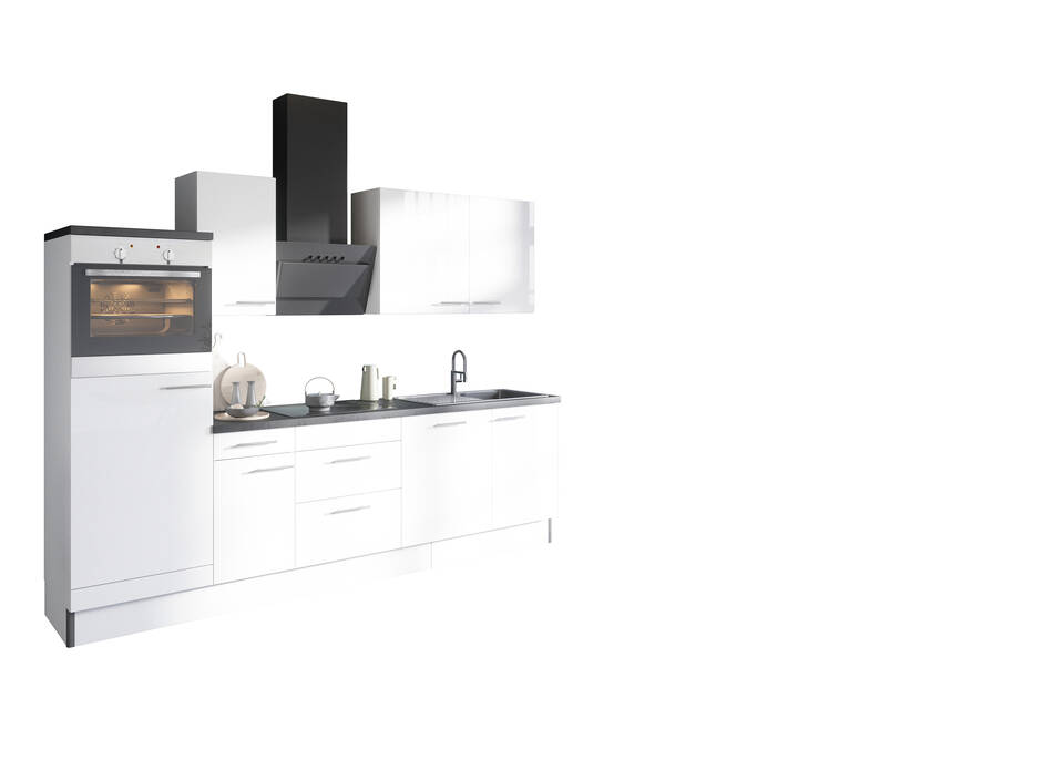 Küchenzeile "OFK27688-6-1" mit Geräten: Weiß Glanz Lack - Beton dunkel, 270cm / Bild 2