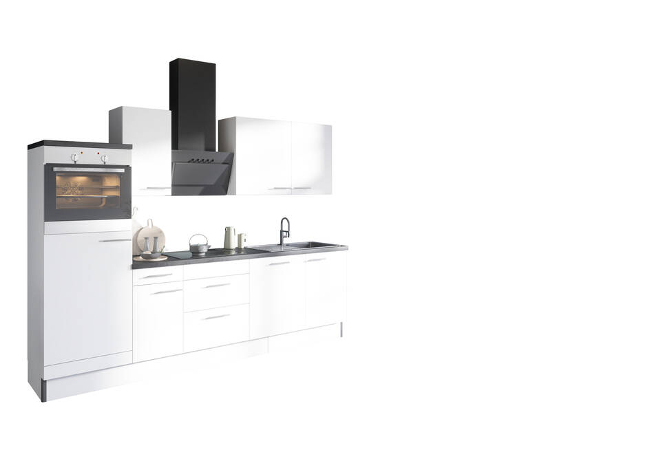 OPTIFIT Küchenzeile mit Geräten in Weiß & Beton dunkel: 270 cm, flexibel stellbar | Singleküche "OFK27688-1-1"