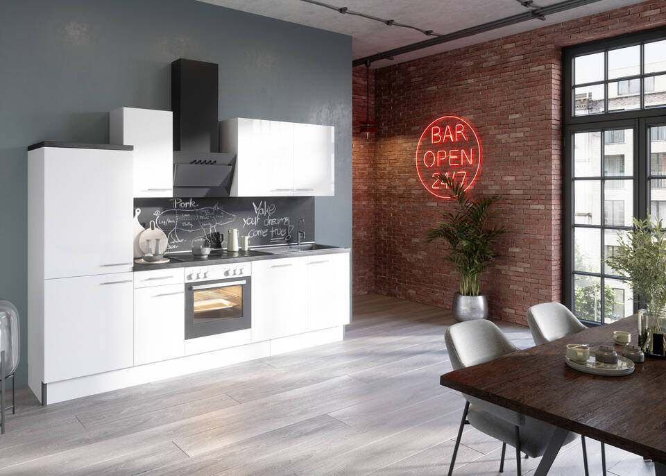OPTIFIT Küchenzeile mit Geräten in Weiß Glanz & Beton dunkel: 270 cm, flexibel stellbar | Singleküche "OFK27488-6-1"