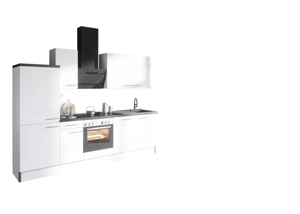 OPTIFIT Küchenzeile mit Geräten in Weiß Glanz & Beton dunkel: 270 cm, flexibel stellbar | Singleküche "OFK27488-6-1"