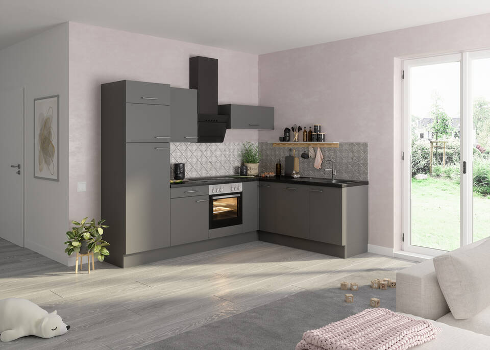 OPTIFIT L-Küche mit Geräten in Basaltgrau & Beton dunkel: 270x200 cm, 470 cm, flexibel stellbar | Winkelküche "OFK2720L8-4-1"