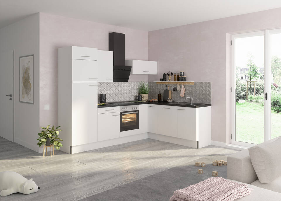 OPTIFIT L-Küche mit Geräten in Weiß Glanz & Beton dunkel: 270x200 cm, 470 cm, flexibel stellbar | Winkelküche "OFK2720L8-6-1"
