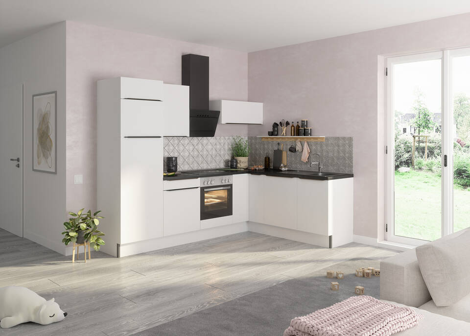 OPTIFIT L-Küche mit Geräten in Weiß Glanz & Beton dunkel: 270x200 cm, 470 cm, flexibel stellbar | Winkelküche "OFK2720L8-7-1"