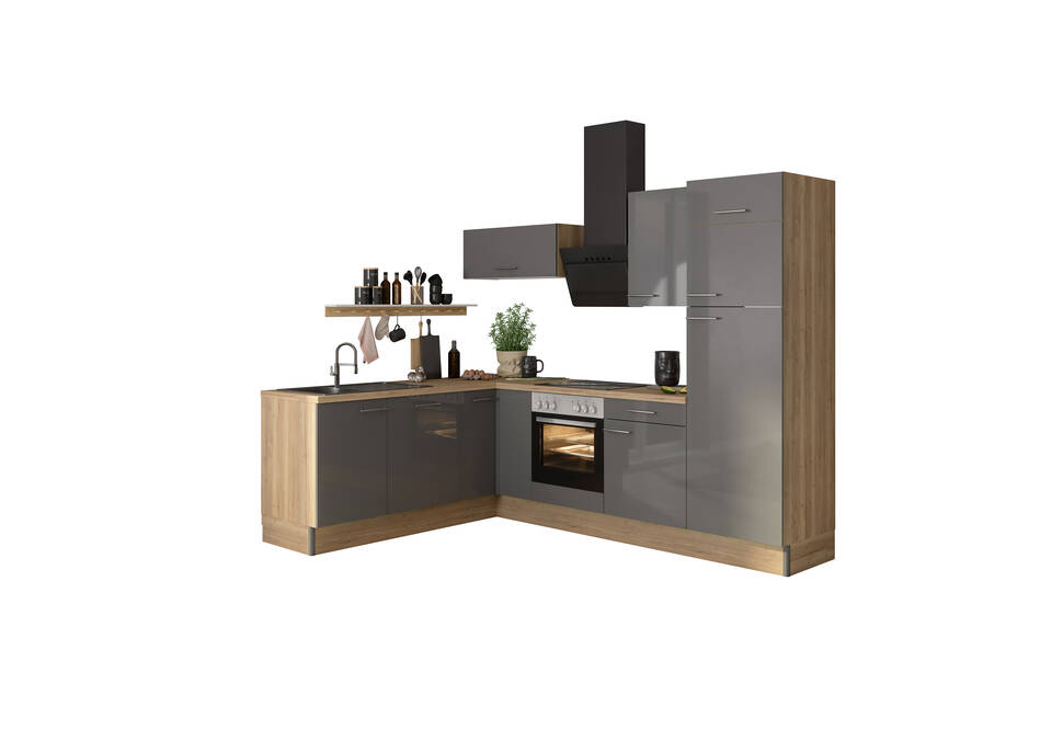 OPTIFIT L-Küche mit Geräten in Anthrazit Glanz & Eiche Struktur: 200x270 cm, 470 cm, flexibel stellbar | Winkelküche "OFK2720R8-5-1" / Bild 2