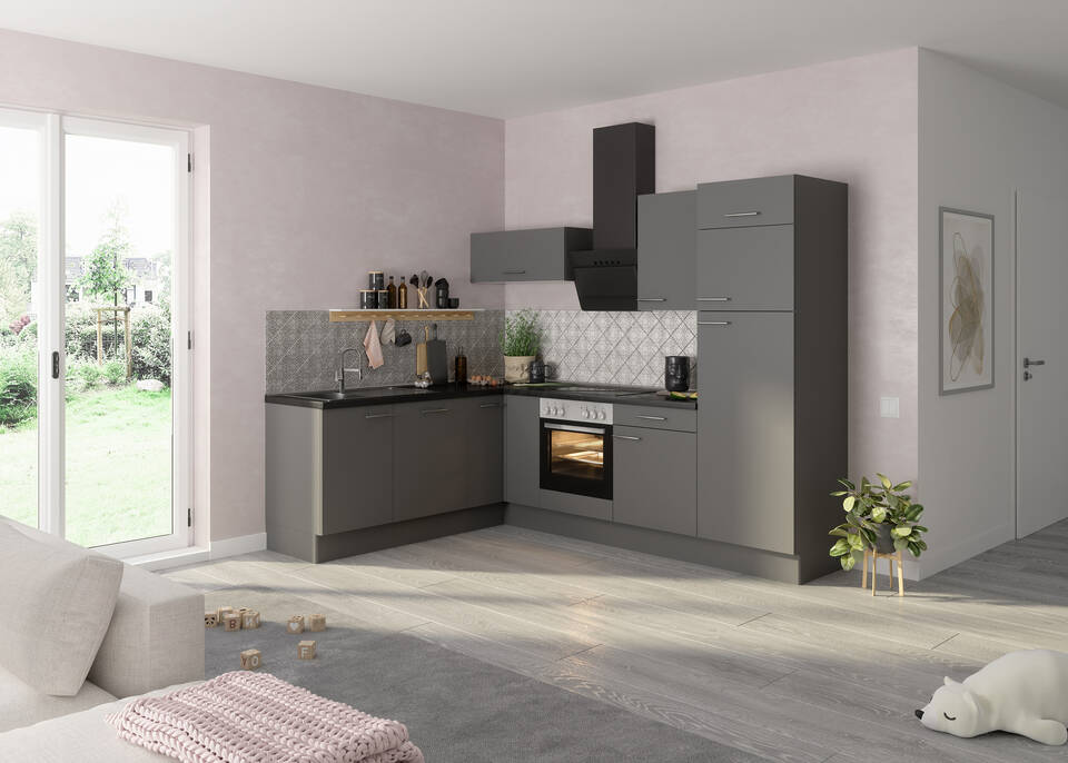 OPTIFIT L-Küche mit Geräten in Basaltgrau & Beton dunkel: 200x270 cm, 470 cm, flexibel stellbar | Winkelküche "OFK2720R8-4-1"