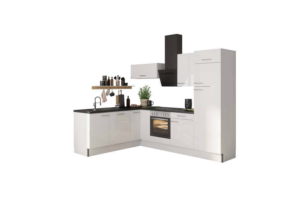 L-Küche "OFK2720R8-6-1" mit Geräten: Weiß Glanz Lack - Beton dunkel, 470cm / Bild 2