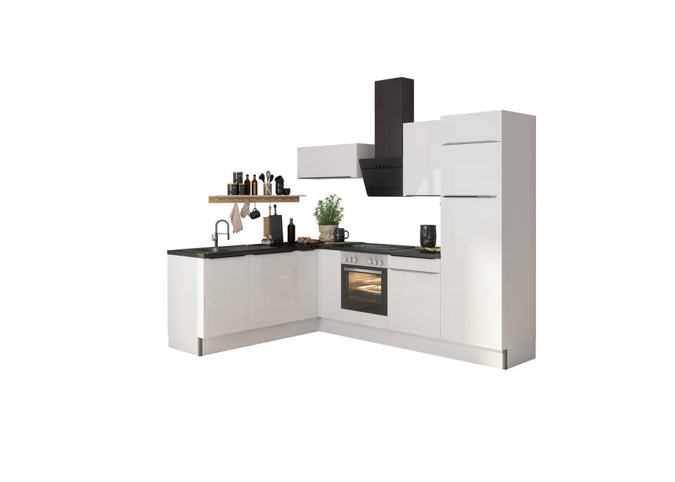 OPTIFIT L-Küche mit Geräten in Weiß Glanz & Beton dunkel: 200x270 cm, 470 cm, flexibel stellbar | Winkelküche "OFK2720R8-7-1"