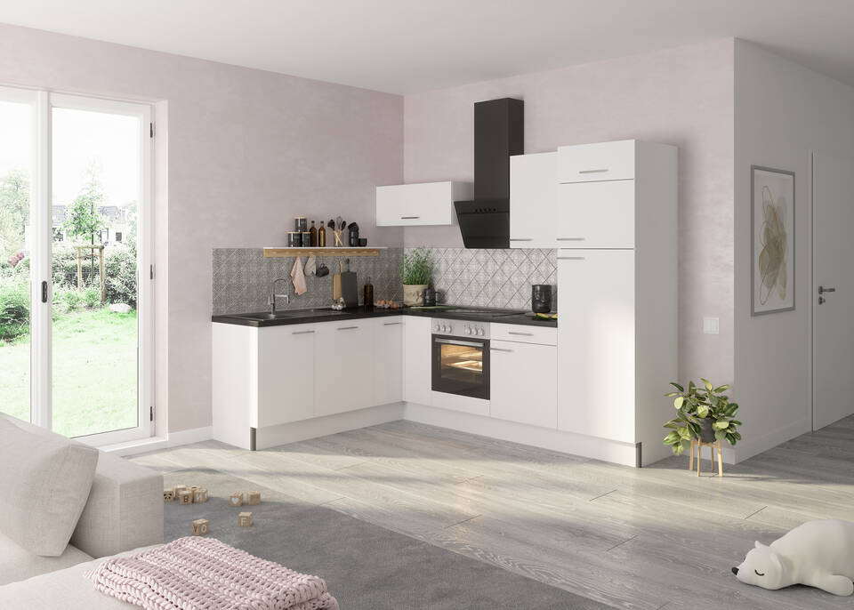 OPTIFIT L-Küche mit Geräten in Weiß & Beton dunkel: 200x270 cm, 470 cm, flexibel stellbar | Winkelküche "OFK2720R8-1-1"