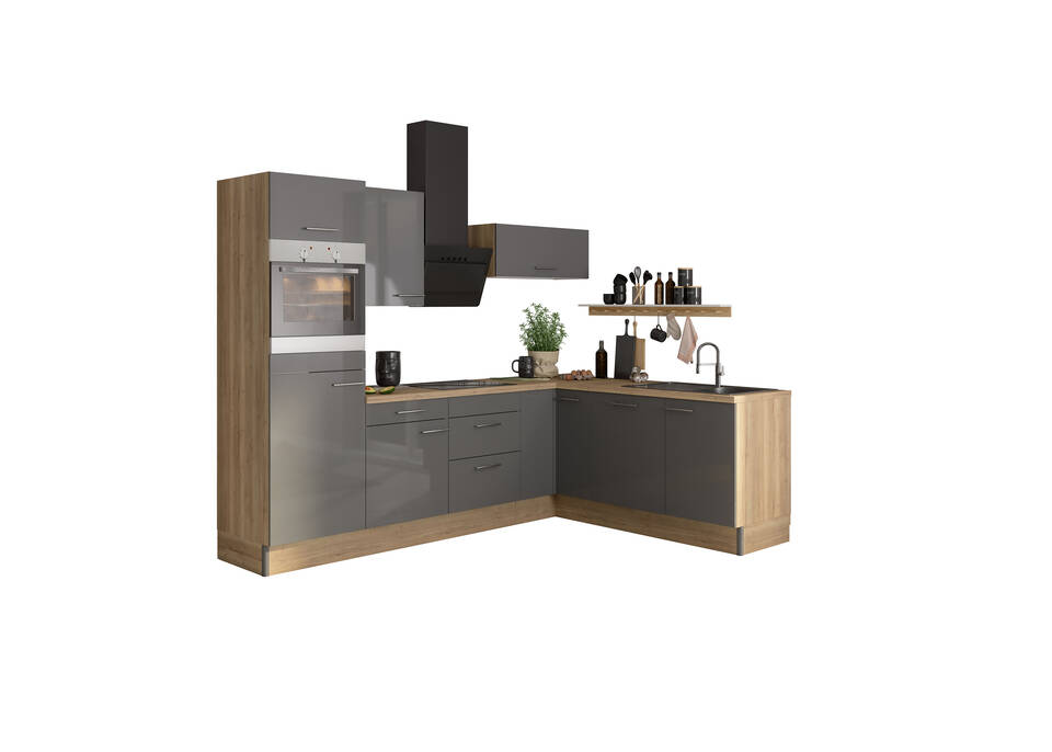OPTIFIT L-Küche mit Geräten in Anthrazit Glanz & Eiche Struktur: 270x200 cm, 470 cm, flexibel stellbar | Winkelküche "OFK2720LA8-5-1"