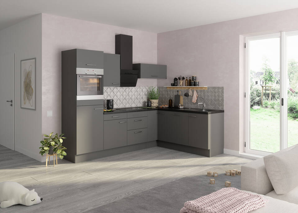 OPTIFIT L-Küche mit Geräten in Basaltgrau & Beton dunkel: 270x200 cm, 470 cm, flexibel stellbar | Winkelküche "OFK2720LA8-4-1"