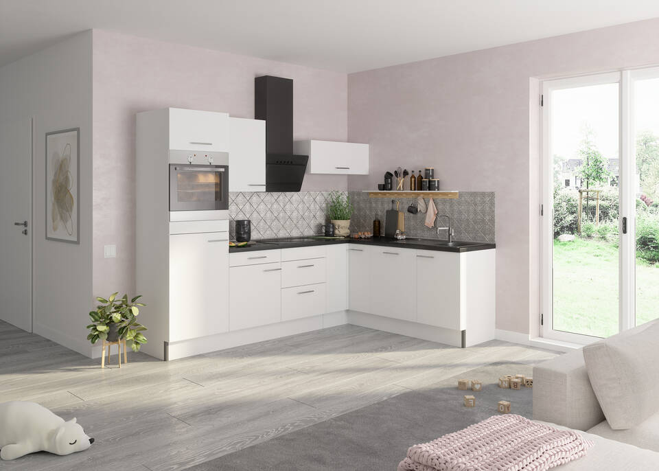 OPTIFIT L-Küche mit Geräten in Weiß Glanz & Beton dunkel: 270x200 cm, 470 cm, flexibel stellbar | Winkelküche "OFK2720LA8-6-1"