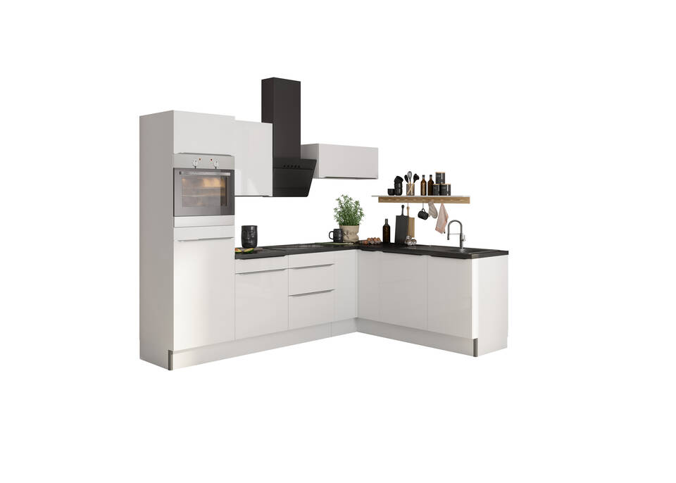 OPTIFIT L-Küche mit Geräten in Weiß Glanz & Beton dunkel: 270x200 cm, 470 cm, flexibel stellbar | Winkelküche "OFK2720LA8-7-1" / Bild 2