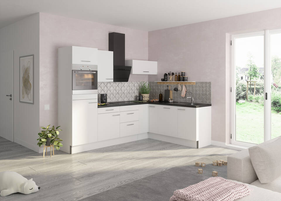 OPTIFIT L-Küche mit Geräten in Weiß & Beton dunkel: 270x200 cm, 470 cm, flexibel stellbar | Winkelküche "OFK2720LA8-1-1"