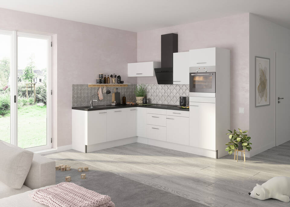 OPTIFIT L-Küche mit Geräten in Weiß Glanz & Beton dunkel: 200x270 cm, 470 cm, flexibel stellbar | Winkelküche "OFK2720RA8-6-1"
