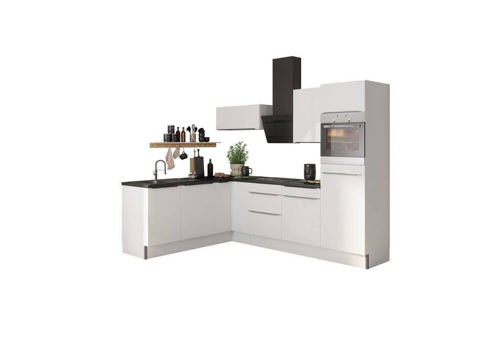 OPTIFIT L-Küche mit Geräten in Weiß Glanz & Beton dunkel: 200x270 cm, 470 cm, flexibel stellbar | Winkelküche "OFK2720RA8-7-1" / Bild 2