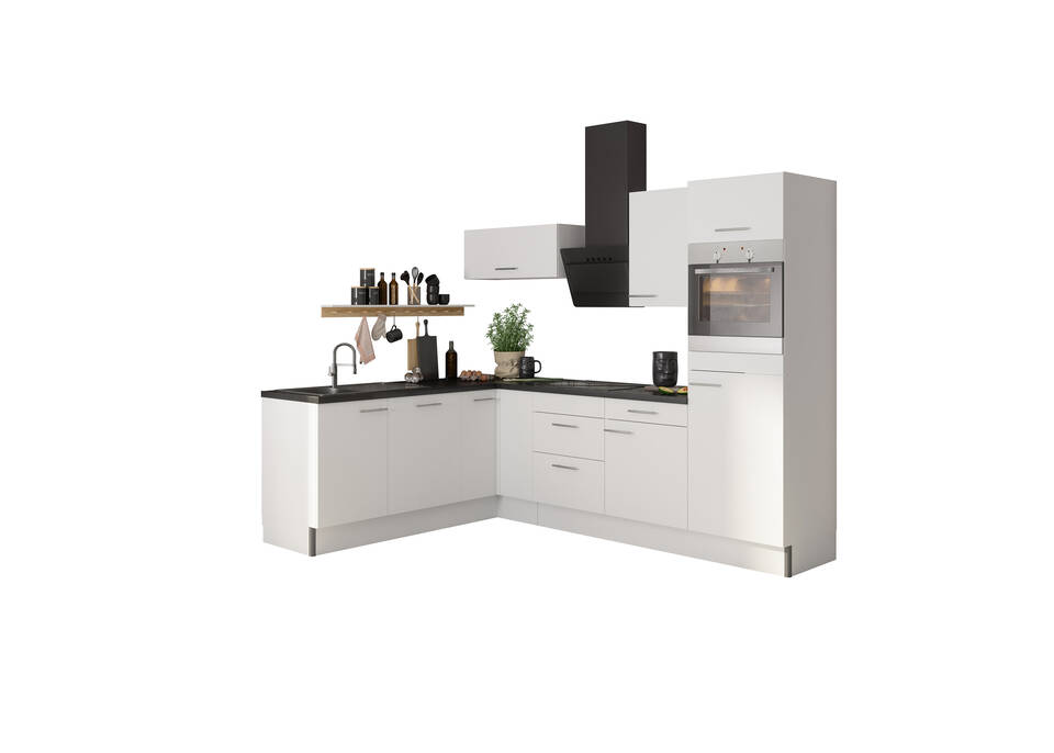 OPTIFIT L-Küche mit Geräten in Weiß & Beton dunkel: 200x270 cm, 470 cm, flexibel stellbar | Winkelküche "OFK2720RA8-1-1" / Bild 2