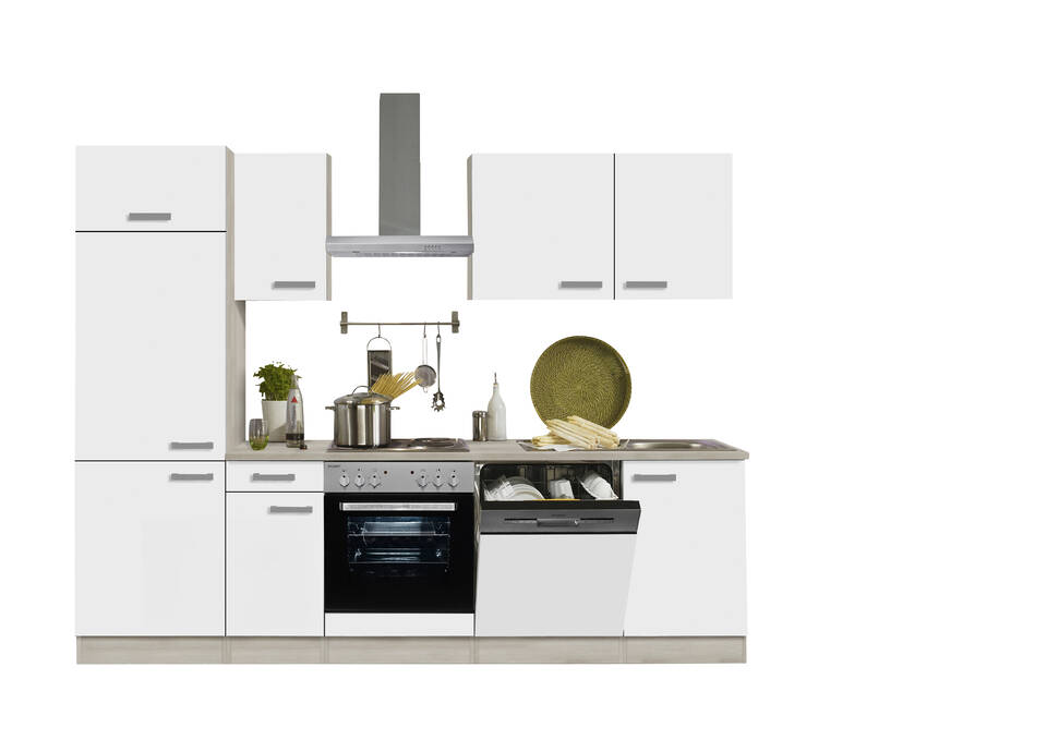 OPTIFIT Küchenzeile mit Geräten in Weiß & Akazie: 270 cm, flexibel stellbar | Singleküche "OFK27029-2-1" / Bild 2