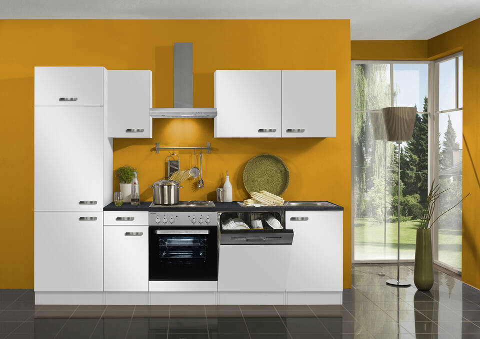 OPTIFIT Küchenzeile mit Geräten in Weiß Seidenglanz & Anthrazit: 270 cm, flexibel stellbar | Singleküche "OFK27029-6-1"