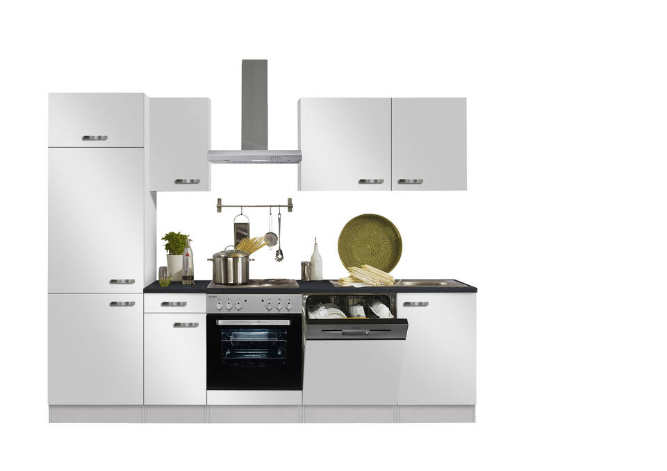 Küchenzeile "OFK27029-6-1" mit Geräten: Weiß Seidenglanz - Anthrazit, 270cm / Bild 2