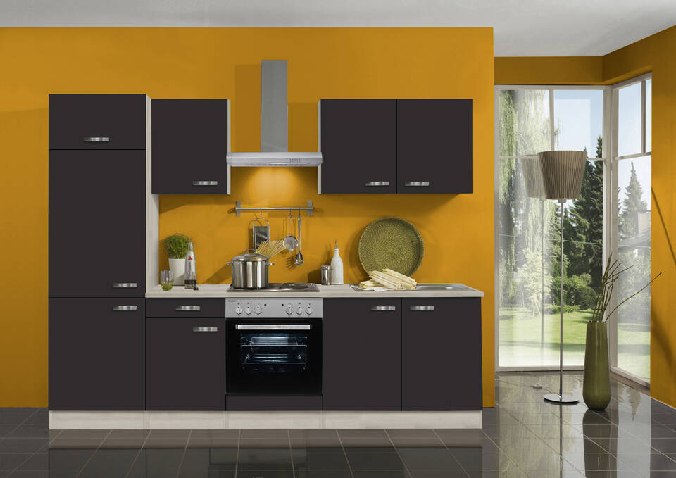 OPTIFIT Küchenzeile mit Geräten in Anthrazit & Akazie: 270 cm, flexibel stellbar | Singleküche "OFK27119-1-1"