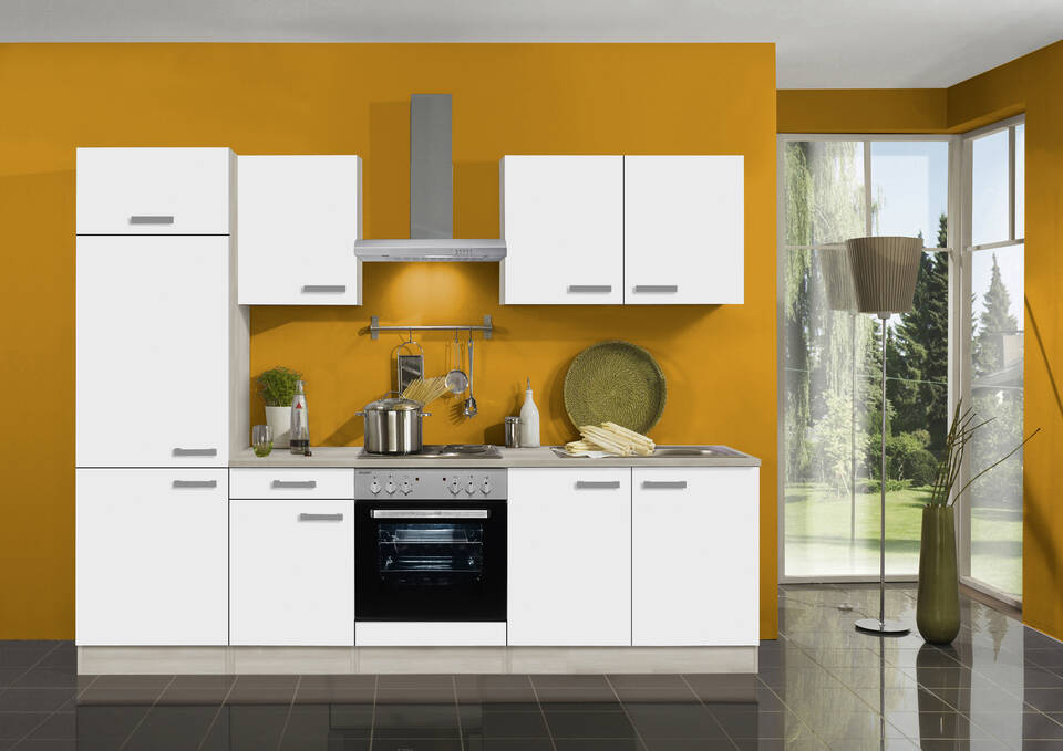 OPTIFIT Küchenzeile mit Geräten in Weiß & Akazie: 270 cm, flexibel stellbar | Singleküche "OFK27119-2-1"