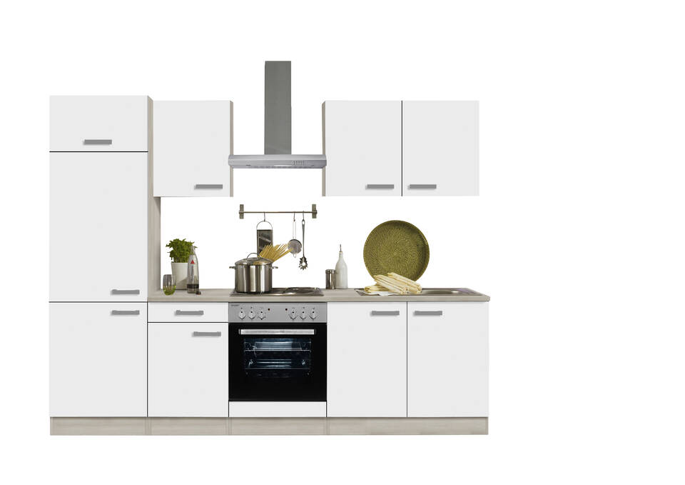 OPTIFIT Küchenzeile mit Geräten in Weiß & Akazie: 270 cm, flexibel stellbar | Singleküche "OFK27119-2-1" / Bild 2