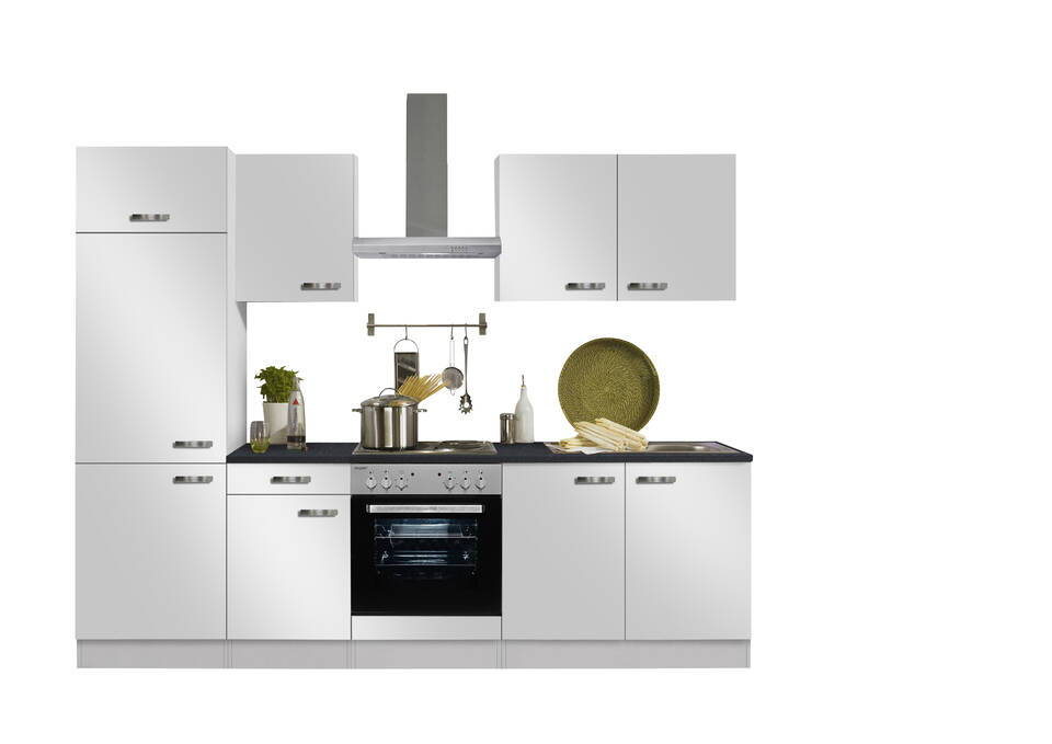 Küchenzeile "OFK27119-6-1" mit Geräten: Weiß Seidenglanz - Anthrazit, 270cm / Bild 2