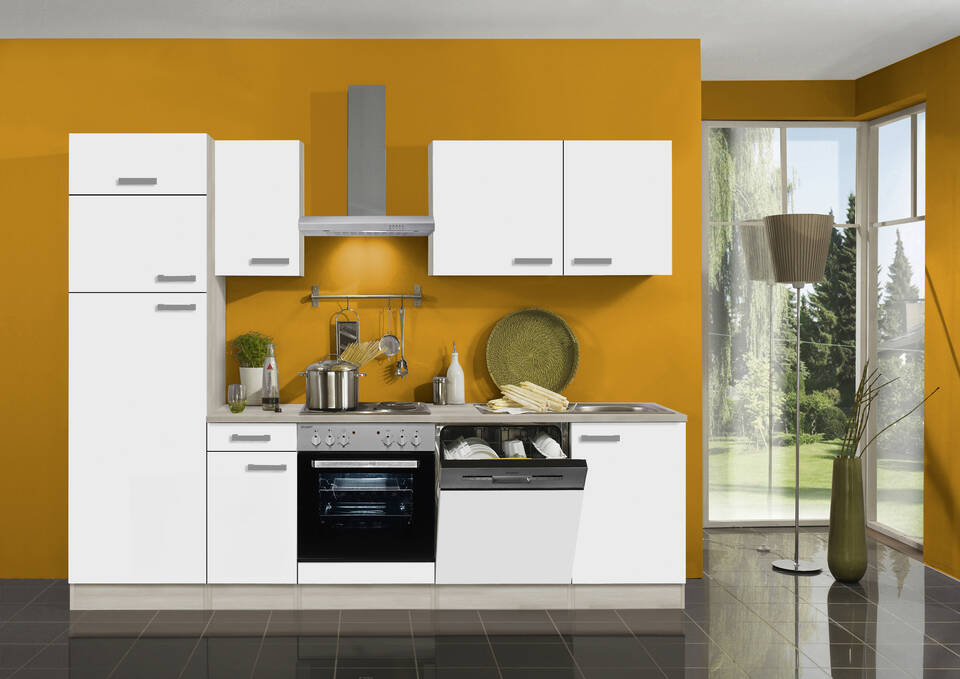OPTIFIT Küchenzeile mit Geräten in Weiß & Akazie: 270 cm, flexibel stellbar | Singleküche "OFK27229-2-1"