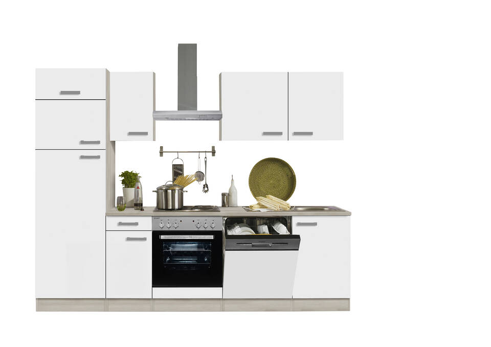 Küchenzeile "OFK27229-2-1" mit Geräten: Weiß Feinstruktur - Akazie, 270cm / Bild 2