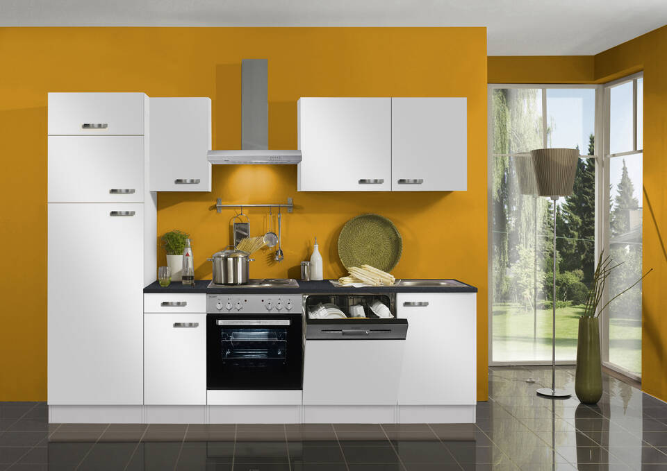 OPTIFIT Küchenzeile mit Geräten in Weiß Seidenglanz & Anthrazit: 270 cm, flexibel stellbar | Singleküche "OFK27229-6-1"