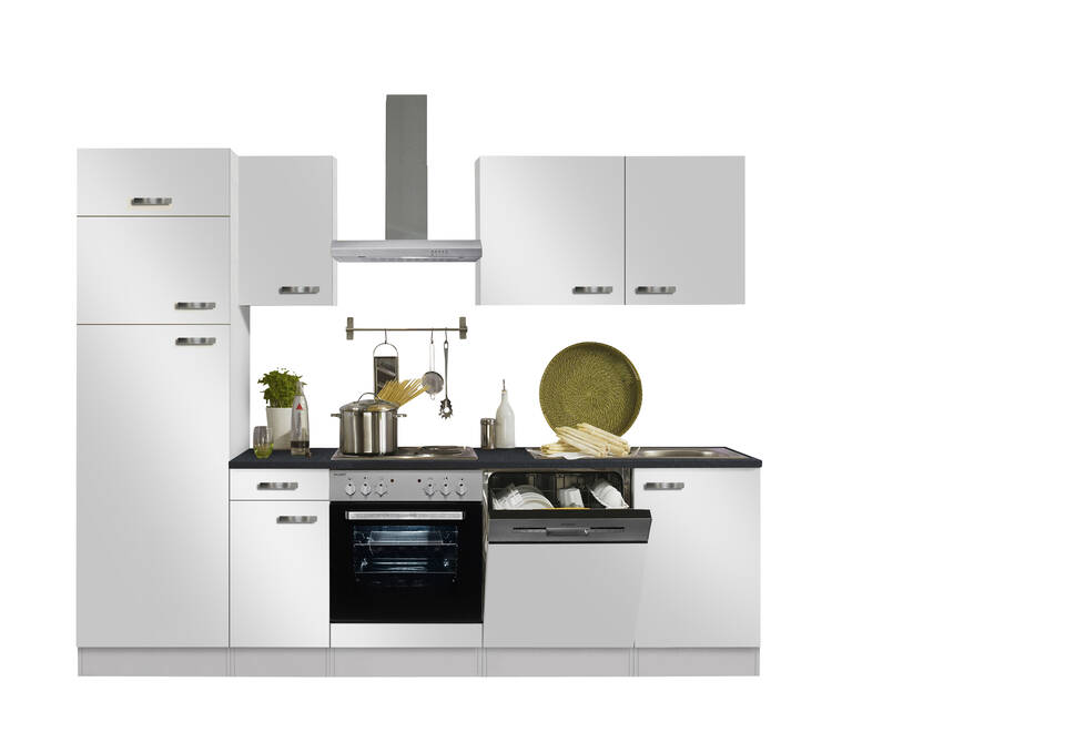 Küchenzeile "OFK27229-6-1" mit Geräten: Weiß Seidenglanz - Anthrazit, 270cm / Bild 2