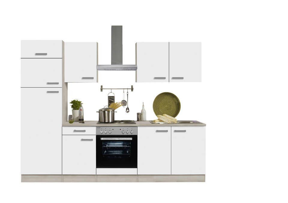 Küchenzeile "OFK27319-2-1" mit Geräten: Weiß Feinstruktur - Akazie, 270cm / Bild 2