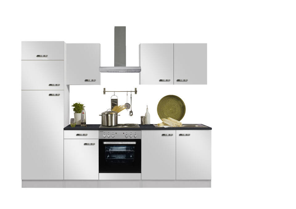 Küchenzeile "OFK27319-6-1" mit Geräten: Weiß Seidenglanz - Anthrazit, 270cm / Bild 2
