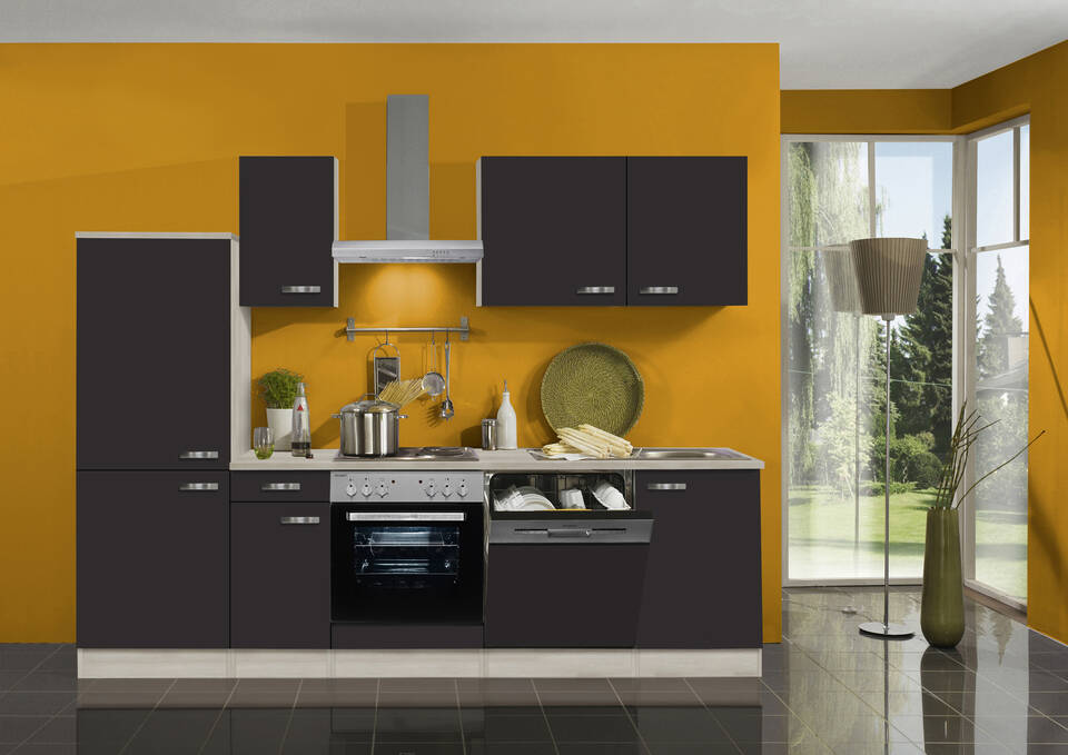 OPTIFIT Küchenzeile mit Geräten in Anthrazit & Akazie: 270 cm, flexibel stellbar | Singleküche "OFK27429-1-1"