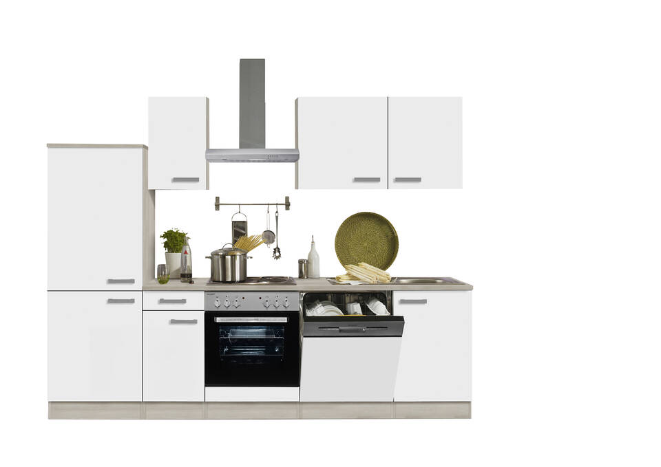 Küchenzeile "OFK27429-2-1" mit Geräten: Weiß Feinstruktur - Akazie, 270cm / Bild 2