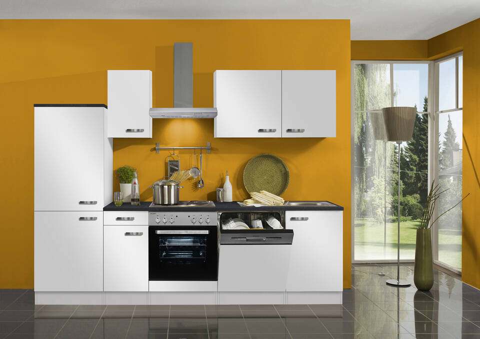 OPTIFIT Küchenzeile mit Geräten in Weiß Seidenglanz & Anthrazit: 270 cm, flexibel stellbar | Singleküche "OFK27429-6-1"