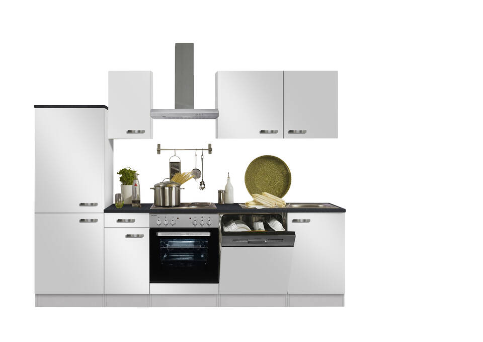 Küchenzeile "OFK27429-6-1" mit Geräten: Weiß Seidenglanz - Anthrazit, 270cm / Bild 2