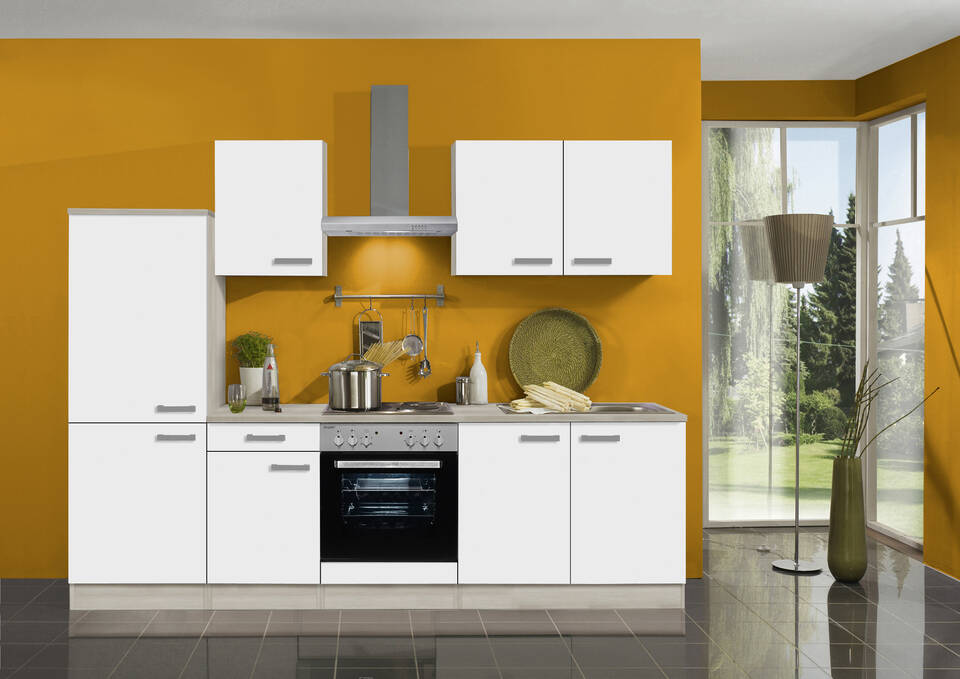 Küchenzeile "OFK27519-2-1" mit Geräten: Weiß Feinstruktur - Akazie, 270cm / Bild 1