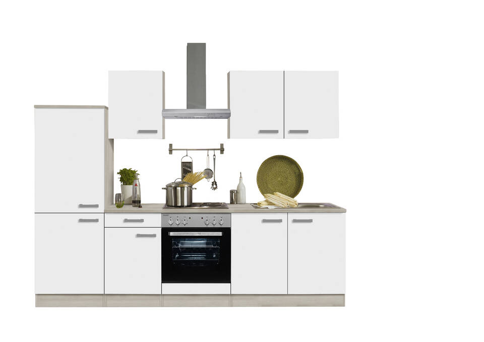 Küchenzeile "OFK27519-2-1" mit Geräten: Weiß Feinstruktur - Akazie, 270cm / Bild 2