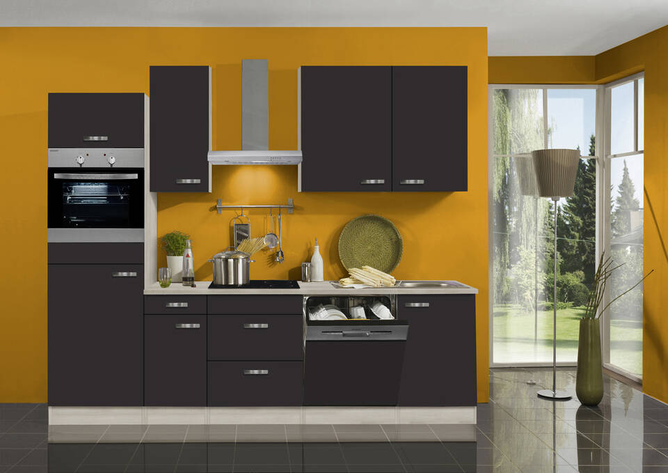 OPTIFIT Küchenzeile mit Geräten in Anthrazit & Akazie: 270 cm, flexibel stellbar | Singleküche "OFK27649-1-1"