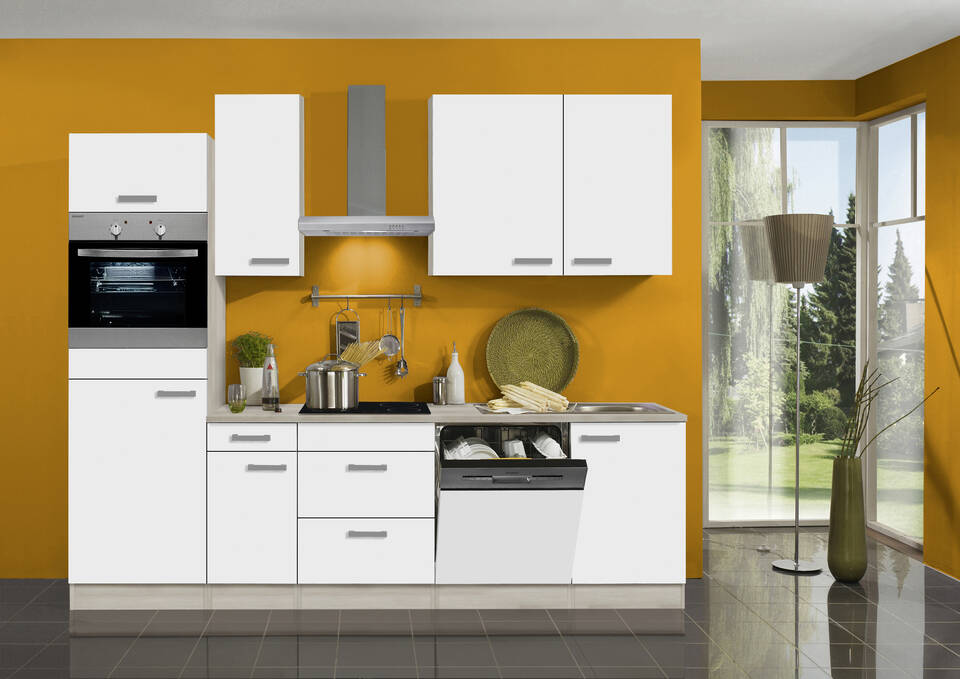 OPTIFIT Küchenzeile mit Geräten in Weiß & Akazie: 270 cm, flexibel stellbar | Singleküche "OFK27649-2-1"