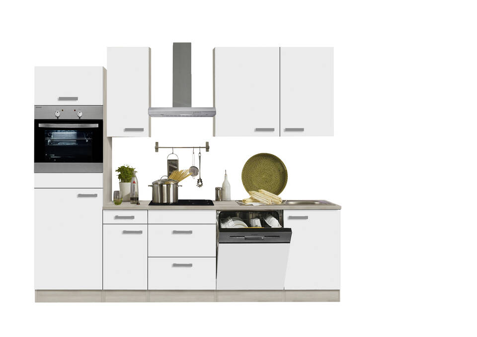 Küchenzeile "OFK27649-2-1" mit Geräten: Weiß Feinstruktur - Akazie, 270cm / Bild 2