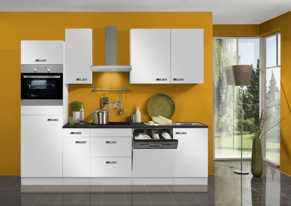 OPTIFIT Küchenzeile mit Geräten in Weiß Seidenglanz & Anthrazit: 270 cm, flexibel stellbar | Singleküche "OFK27649-6-1"