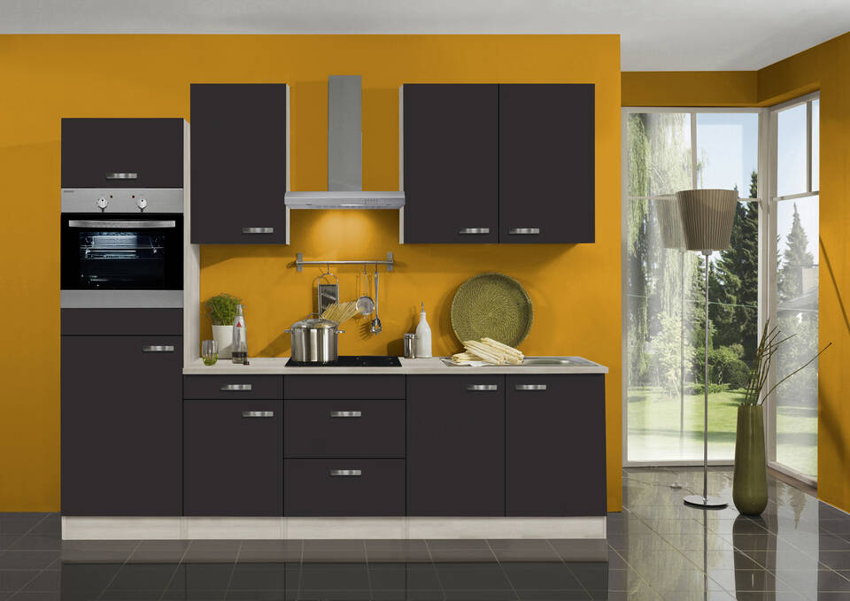 OPTIFIT Küchenzeile mit Geräten in Anthrazit & Akazie: 270 cm, flexibel stellbar | Singleküche "OFK27739-1-1"