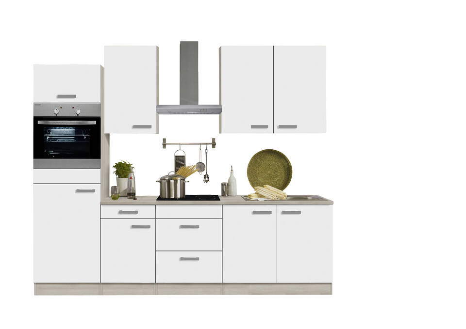 OPTIFIT Küchenzeile mit Geräten in Weiß & Akazie: 270 cm, flexibel stellbar | Singleküche "OFK27739-2-1"