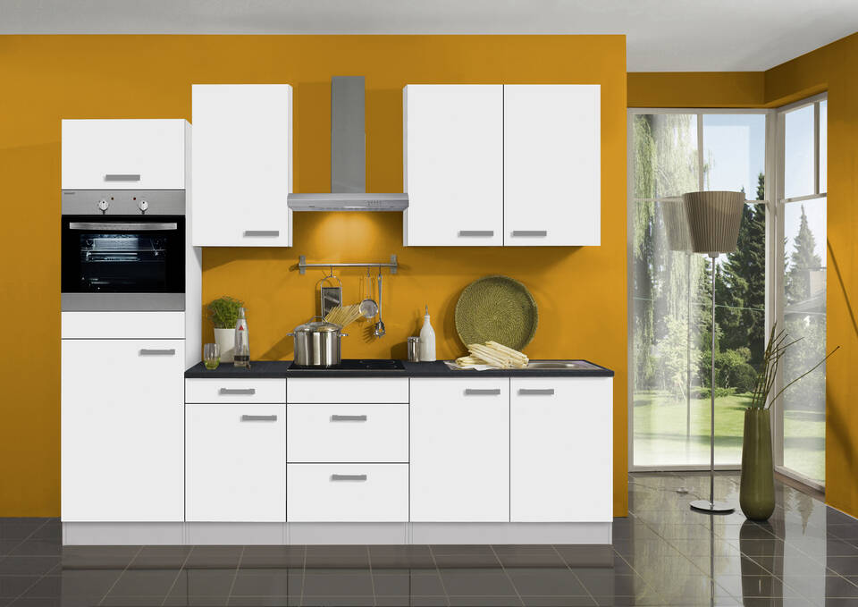 Küchenzeile "OFK27739-3-1" mit Geräten: Weiß Feinstruktur - Anthrazit, 270cm / Bild 1