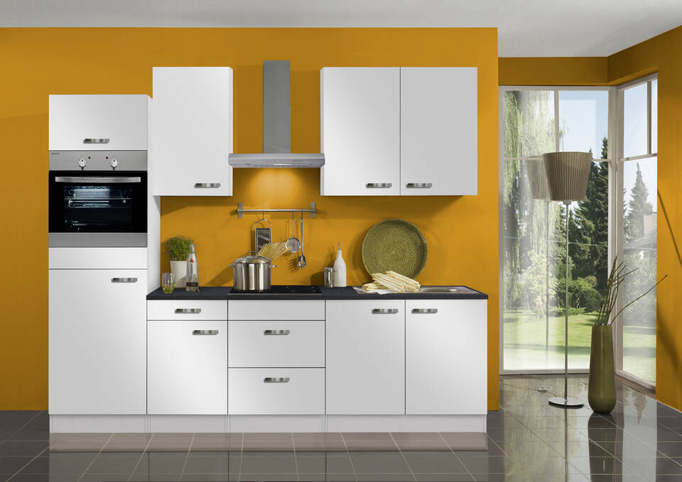 OPTIFIT Küchenzeile mit Geräten in Weiß Seidenglanz & Anthrazit: 270 cm, flexibel stellbar | Singleküche "OFK27739-6-1"