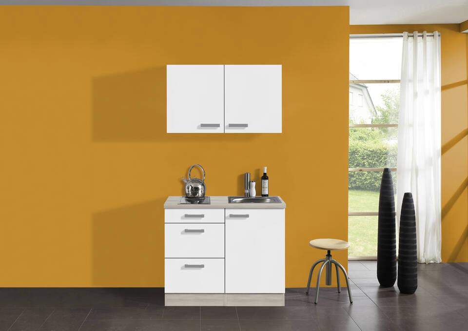 OPTIFIT Küchenzeile mit Geräten in Weiß & Akazie: 100 cm, flexibel stellbar | Miniküche "OFK10469-2-1"