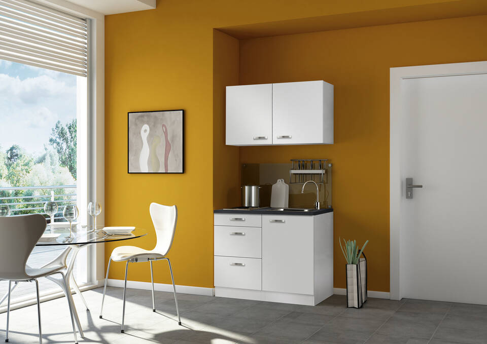 OPTIFIT Küchenzeile mit Geräten in Weiß Seidenglanz & Anthrazit: 100 cm, flexibel stellbar | Miniküche "OFK10469-6-1"